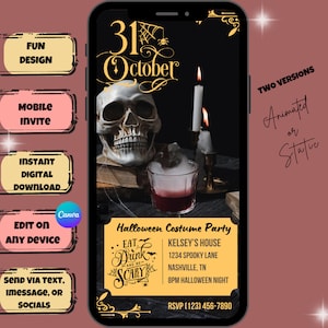 May include: A digital invitation for a Halloween costume party on 31st October. The invitation features a skull, a glass of red liquid, and candles. The text on the invitation reads "Halloween Costume Party", "Eat, Drink and be Scary", "Kelsey's House", "1234 Spooky Lane", "Nashville, TN", "8PM Halloween Night", and "RSVP (123) 456-7890".