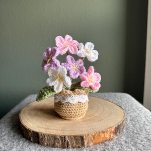 Könnte beinhalten: Ein gehäkeltes Blumenarrangement in einem kleinen, gewebten Korb. Die Blumen sind rosa, weiß und lavendelfarben, mit gelben Zentren. Der Korb ist beige mit weißer Spitzenborte. Das Arrangement steht auf einer runden Holzscheibe.
