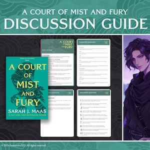 Könnte beinhalten: Ein türkisgrüner Buchumschlag und Diskussionsleitfaden für "A Court of Mist and Fury" von Sarah J. Maas. Der Buchumschlag zeigt eine detaillierte Illustration eines Vogels. Der Leitfaden enthält Charakterzusammenfassungen und Diskussionsfragen. Rechts ist eine Illustration eines Charakters.