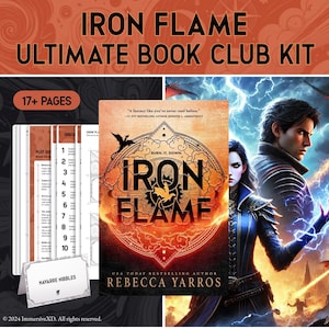 May include: A book club kit for the fantasy novel "Iron Flame" by Rebecca Yarros. The kit includes 17+ pages of activities, discussion questions, and a place card for a book club meeting.