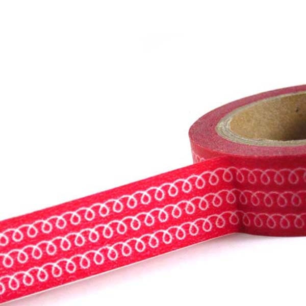 RED with White Curls - Japanese Washi Style Decorative Masking Tape - 11 yards (10 meters)