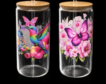 Decorated Glass with wood top and glass straw