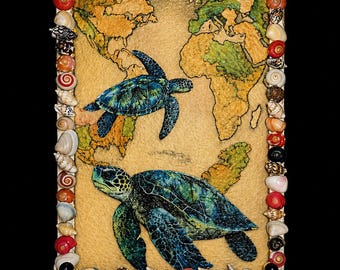 Meeresschildkröte 15 x 20 cm Decoupage mit Muschelrahmen