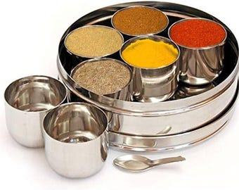 Indian Spice Box with 6 Spices, Spoon & Recipe