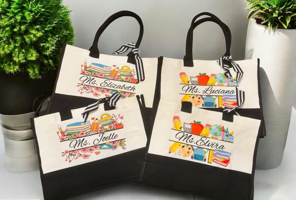 Teacher personalized tote bags. Teacher appreciation, teacher totes