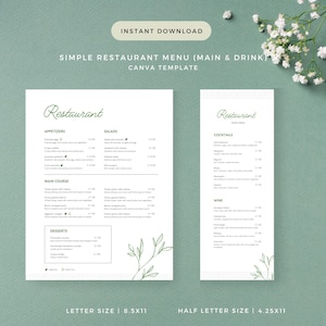 Plantillas minimalistas de menús de comida y bebida para restaurantes: plantilla minimalista editable e imprimible en Canva para marketing de restaurantes (8,5 x 11, 4,25 x 11)