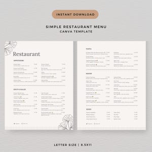 Plantilla de menú de restaurante simple y minimalista (8,5 x 11): plantilla de Canva minimalista editable e imprimible para marketing de restaurantes