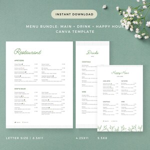 Paquete de plantillas de menú de restaurante minimalistas (comida, bebida, happy hour): plantilla de Canva minimalista editable e imprimible para marketing de restaurantes