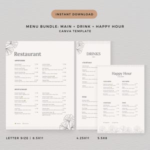 Paquete de plantillas de menú de restaurante minimalista (comida, bebida, happy hour): plantilla de Canva editable, minimalista e imprimible para marketing de restaurantes