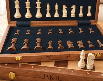 Personalized wooden chess set with storage: folding travel board, birthday gifts, wooden pieces, Father's Day gifts