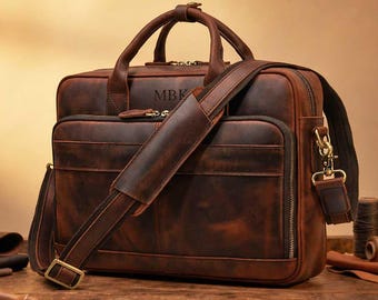 Personalized Leather Briefcase for Men, 14” Laptop Bag, Leather Messenger Bag, Custom Engraved Work Bag, Retro Office Satchel Gift for Him
