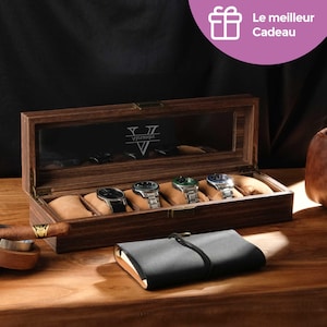 Boîte à montres en cuir avec motif bois personnalisée, Boîte à montres en bois personnalisée, Boîte montre papa, Boite z montres bois