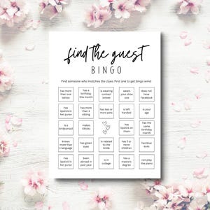 Plantilla de juego de bingo para encontrar invitados para despedida de soltera, juego de despedida de soltera, juegos de formación de equipos, juegos de reunión familiar, descarga digital
