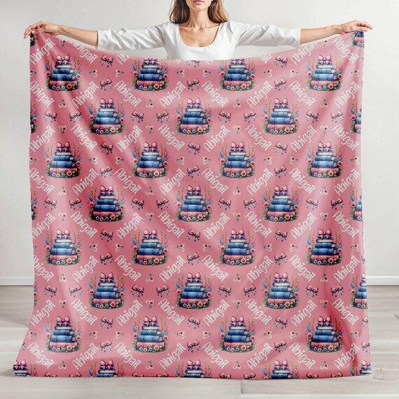 Personalized Book Lover Plush Blanket: Coquette Bows & Wildflowers