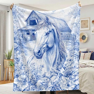 Blue Toile Horse and Rustic Barn Velveteen Plush Blanket, Equestrian Decor, Country Farmhouse Throw, Cozy Home Decor, Animal Lover