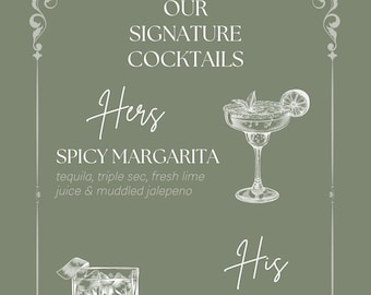 Menù personalizzato per cocktail esclusivi per matrimoni: cartello per cocktail per occasioni speciali