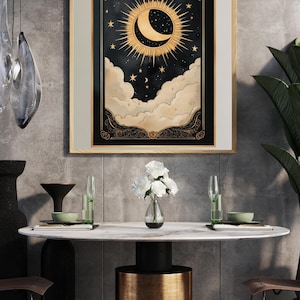 Sun & Moon Tarot-Inspired Wall Art  Celestial Gold and Black Vintage Print – Mystical Boho Astrology Home Décor