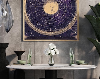 Paarse en gouden kaart van de hemelse sterren, kunst aan de muur kosmisch heelal