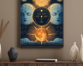 Celestial Trinity Sun & Moon Spiritual Wall Art Poster