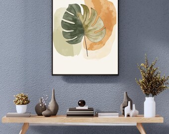 Stampa minimalista di foglie di Monstera – Arte murale boho nei toni della terra (download digitale)