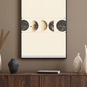 Minimalist Moon Phases Wall Art  Modern Lunar Cycle Print in Gold & Black – Astronomy Inspired Boho Celestial Home Décor