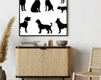 Shadow Dogs Schwarzer Hund Silhouette Wandkunst, Minimalistisches Haustier Poster, Monochromer Hunde Dekor Druck