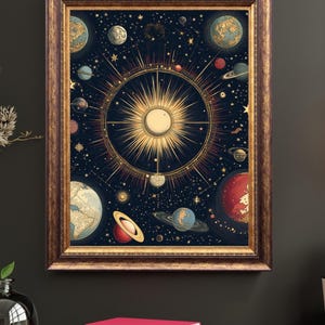 Arte mural vintage del sistema solar planetario con rayos de sol celestiales