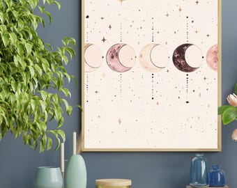 Boho Moon Phases Print, Pink Beige Lunar Art (Digital Download)