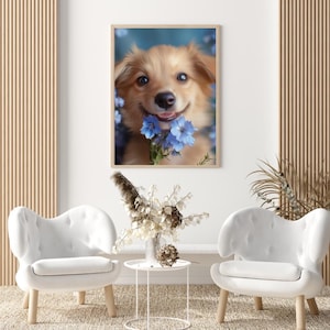 Póster de perro sonriente con flores, diseño de cachorro sonriente, para amantes de las mascotas.