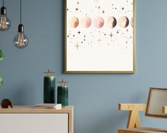 Boho Moon Phases Wall Art – Pink & Gold Celestial Print (Digital Download)