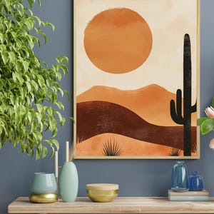 Minimalist Desert Cactus Wall Art Warm Earth Tone Boho Landscape Print Mid Century Modern Sun and Mountain Digital Download