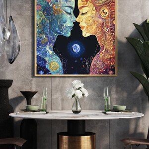 Celestial Reflections Spiritual Duality Wall Art, Feminine Cosmic Sun & Moon Print, Mystical Goddess Poster