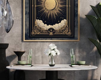Celestial Sun and Moon Tarot Art Print: Vintage Gold Mystical Home Decor