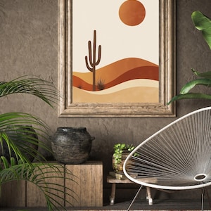 Minimal Desert Cactus Wall Art | Boho Earth Tone Landscape Print | Southwestern Sun Poster | Warm Mid Century Modern Decor