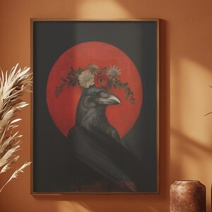 Crimson Moon Raven Art Print, Gothic Bird Wall Decor, Dark Academia Botanical Portrait, Vintage Home Decor,  Victorian Botanical Art