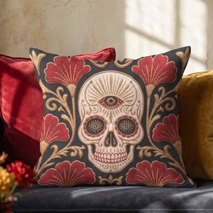 May include: A square throw pillow featuring a central cream-colored skull illustration with a third eye on the forehead. The design includes red fan-shaped floral motifs and gold-toned filigree accents set against a dark charcoal background.