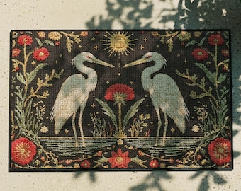 Heron Bird & Sun Tapestry Style Doormat - Dark Cottagecore Entryway Rug - Art Nouveau Welcome Mat