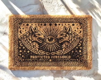 Tapete de fibra de coco Guardian Wolf: Tapete de boas-vindas gótico preto para decoração Whimsigoth e Dark Academia.