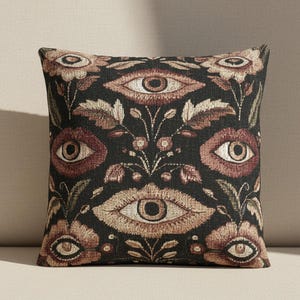 Gothic Decorative Pillow with Eye Embroidery Look, Dark Academia Tapestry Cushion for Witchy Room or Library Aesthetic