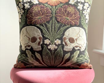 Woven Dark Botanical Gothic Skull Pillow, Whimsigoth Tapestry Cushion for Dark Academia Home