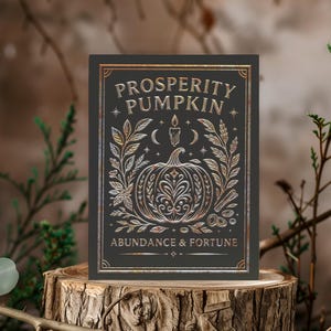Può includere: Un cartello rettangolare grigio scuro con le parole "PROSPERITY PUMPKIN" e "ABUNDANCE & FORTUNE" in lettere bianche e dorate. Il cartello presenta un'illustrazione dettagliata di una zucca, circondata da foglie, stelle e una candela. Il cartello è esposto su un ceppo di legno.