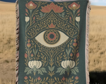 Gothic Allsehendes Auge gewebte Decke | Okkulter botanischer Wandbehang Dark Academia Home Decor