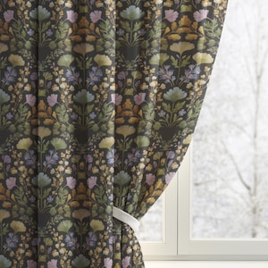 Blackout Wildflower Curtain Panel for Cottage Decor, Dark Academia Botanical Curtain Panel For Woodland Bedroom, Gothic Home Window Drapery