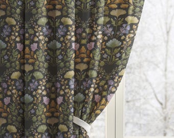 Blackout Wildflower Curtain Panel for Cottage Decor, Dark Academia Botanical Curtain Panel For Woodland Bedroom, Gothic Home Window Drapery