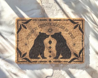 Capacho de fibra de coco com urso guardião da bruxa: decoração gótica pagã para casa