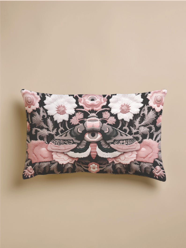 Gothic moth eye botanical lumbar pillow with mystical embroidered wings on dark fabric. Cottagecore throw pillow featuring protective moth symbol surrounded by pink roses, white wildflowers & sacred botanicals. Witchy home decor with medieval tapestry aesthetic. Perfect for dark academia spaces, bohemian decor & occult art lovers. 20x12 lumbar size.