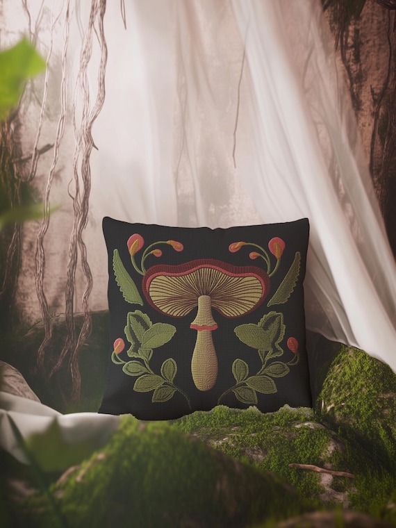 Mushroom Woven Pillow: Cottagecore Botanical Cushion, Dark Academia Decor