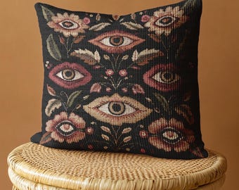 Gothic Decorative Pillow with Eye Embroidery Look, Dark Academia Tapestry Cushion for Witchy Room or Library Aesthetic