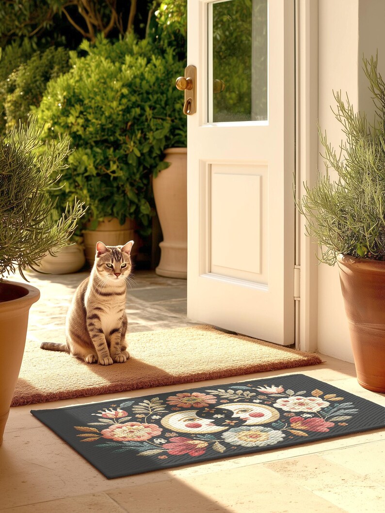 Witchy outdoor doormat featuring a central all-seeing eye, crescent moons, and floral details in an embroidery-style design. This weatherproof welcome mat measures 26x18 inches and is ideal for porches or patio entries. Symbolic celestial motifs offer intuitive protection and spiritual elegance for magical home decor.