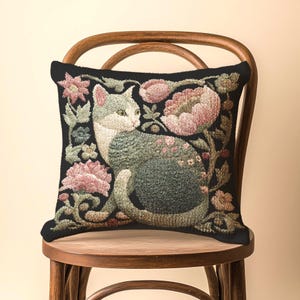 Woven Cat Throw Pillow Cottagecore Botanical Cushion for Vintage Bedroom Library Decor Dark Academia Home Gift for Cat Decor or Witchy Home